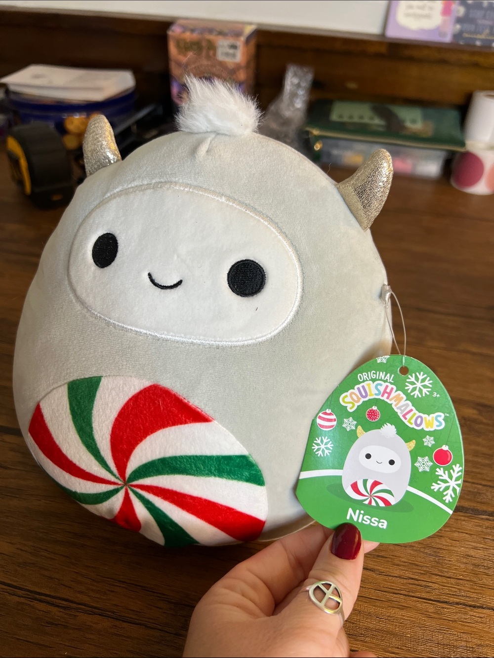 Squishmallows Nissa Plush - Light Gray Yeti with Red & Green Peppermint